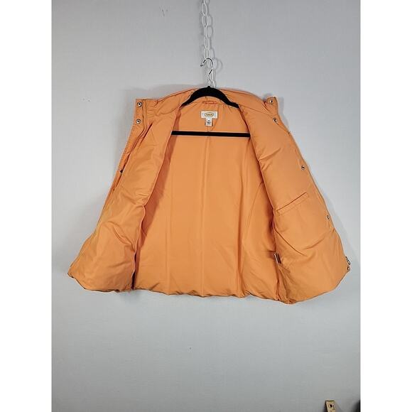 Talbots Down Puffer Vest Medium Orange Stowable Hood Quilted Zip Hiking Layering - Picture 5 of 14